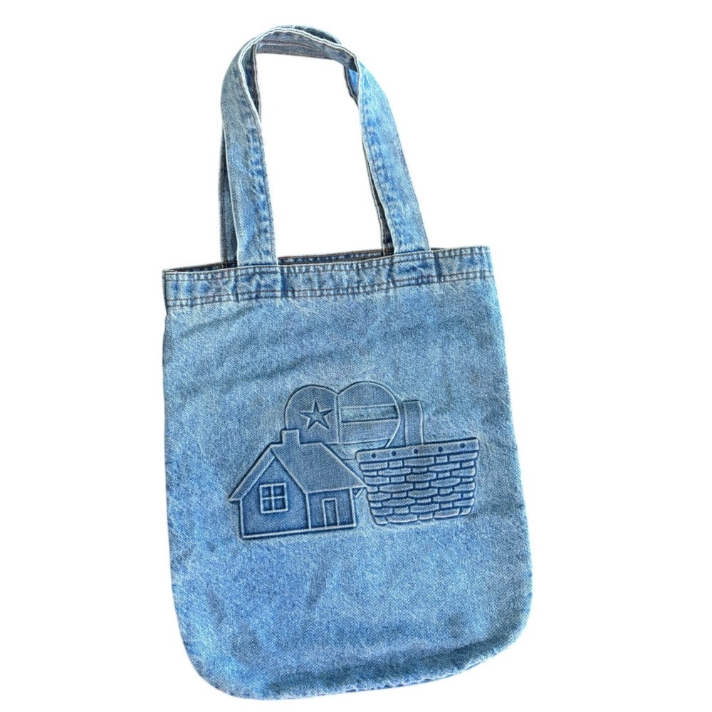 Vintage Denim Tote Bag Folk Art Embossed Farmhouse Americana 90s Y2K